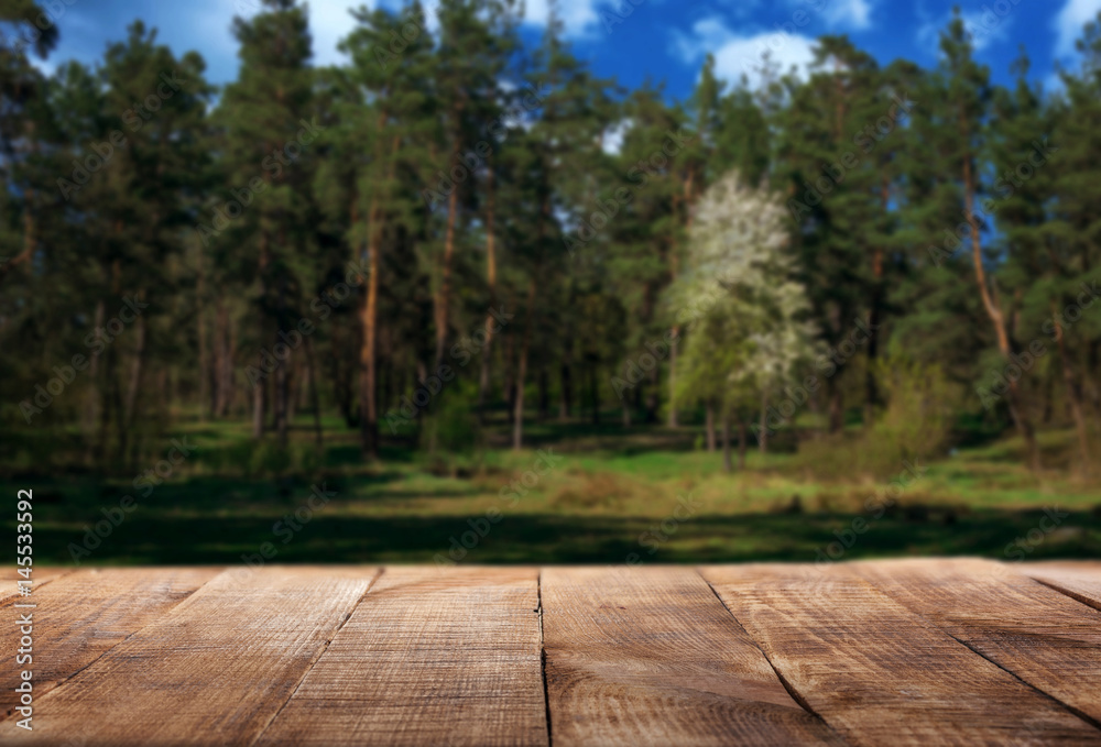 Empty wooden table in the background of the forest