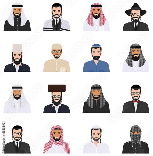 Different jewish and muslim arab men characters avatars icons set in flat style. Differences israel and islamic saudi arabic ethnic persons smiling faces in traditional clothing. Vector illustration.