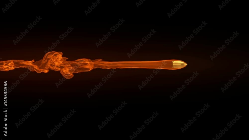 Animation of a flying bullet with fire trail on black background