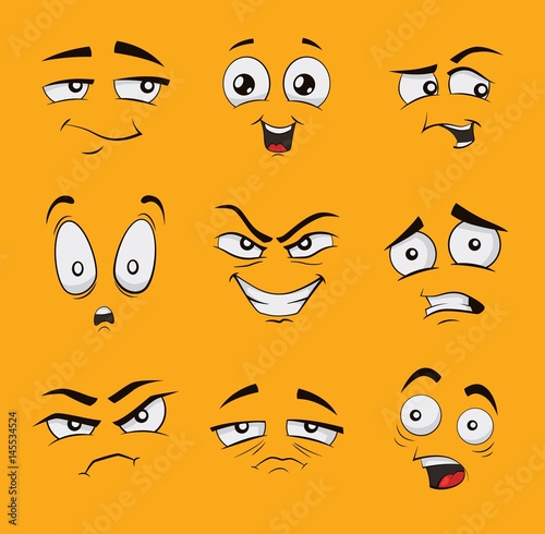 Set of funny cartoon faces with different emotions, like angry, scared happy or glad