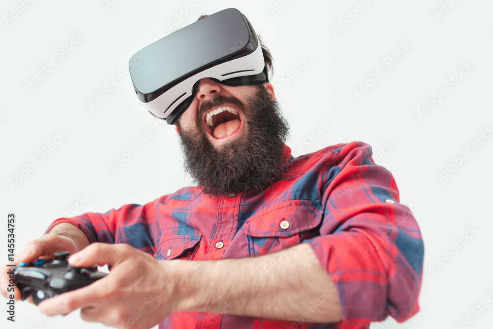 Happy man with VR and controller Happy man with VR and controller