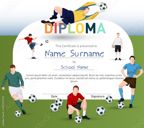Football themed certifiate with soccer player illustrations and soccer balls diploma template