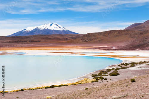 High-altitude lagoon and volcano on the plateau Altiplano, Bolivia