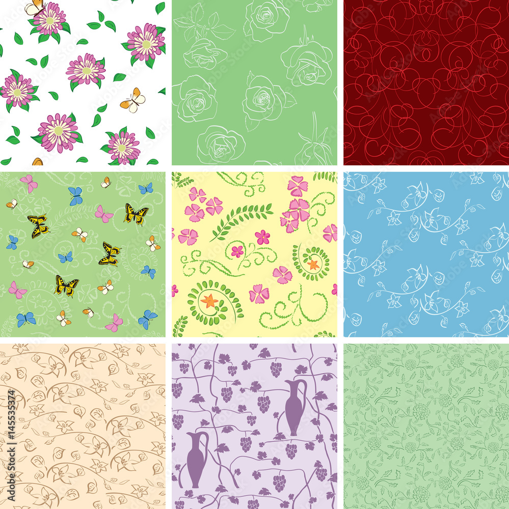 floral backgrounds with flowers - vector seamless patterns floral backgrounds with flowers - vector seamless patterns