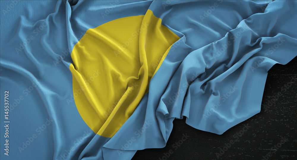 Palau Flag Wrinkled On Dark Background 3D Render Palau Flag Wrinkled On Dark Background 3D Render