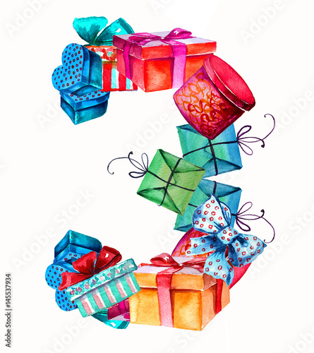 Number 0 from gift boxes with with bows and ribbons. Watercolor illustration for celebration