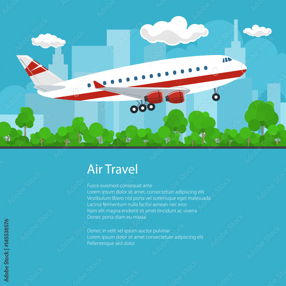 Flyer Airplane on the Background of the City Flies to the East and the Text below, Air Travel and Tourism Concept , Brochure Poster Design, Vector Illustration