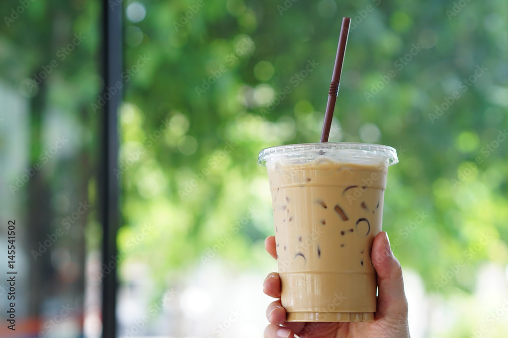 Iced Coffee Latte Iced Coffee Milk Woman Holding Glass Cup Stock