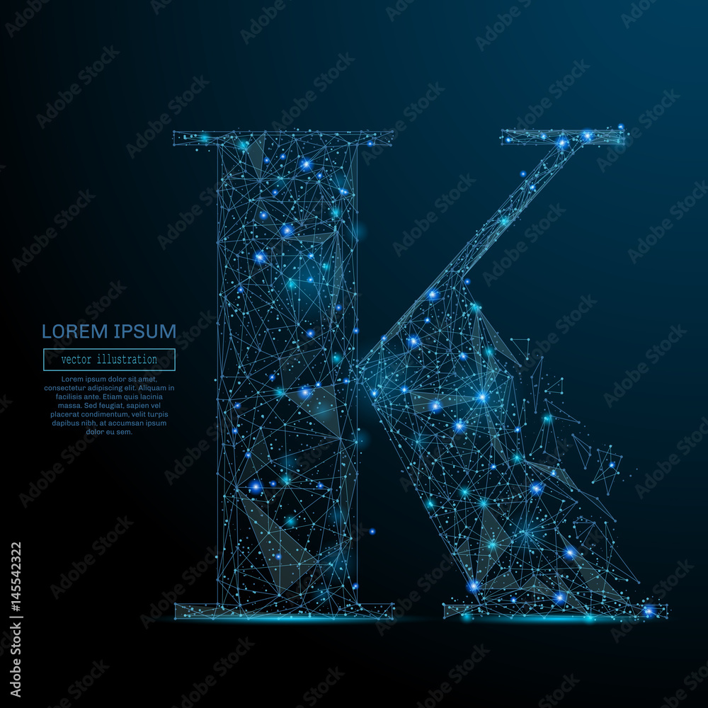 Abstract image of a the letter K of a starry sky or space, consisting of points, lines, and shapes in the form of planets, stars and the universe. Vector business Abstract image of a the letter K of a starry sky or space, consisting of points, lines, and shapes in the form of planets, stars and the universe. Vector business