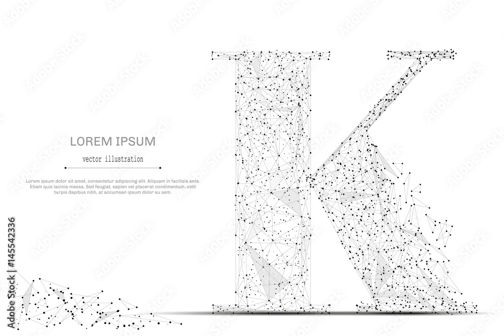 Obraz premium Abstract mash line and point the letter K on white background with an inscription. Starry sky or space, consisting of stars and the universe. Vector business illustration