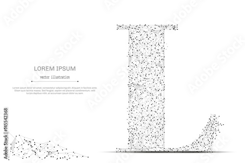 Abstract mash line and point the letter L on white background with an inscription. Starry sky or space, consisting of stars and the universe. Vector business illustration
