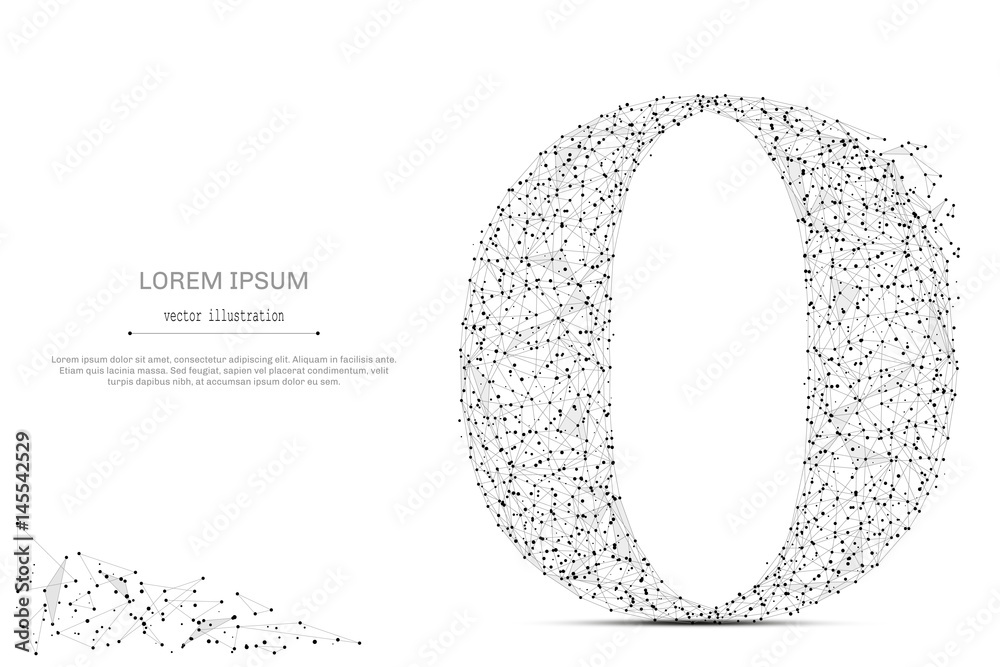 Abstract mash line and point the letter O on white background with an inscription. Starry sky or space, consisting of stars and the universe. Vector business illustration Abstract mash line and point the letter O on white background with an inscription. Starry sky or space, consisting of stars and the universe. Vector business illustration