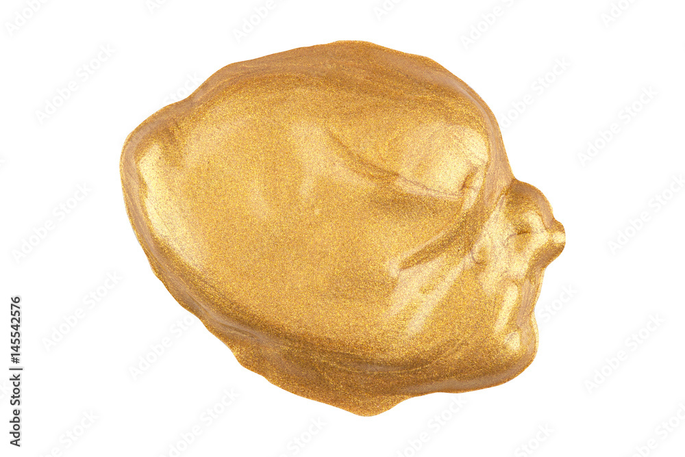 Round face make-up liquid golden foundation sample with glitter particles, isolated on white background, clipping path included Round face make-up liquid golden foundation sample with glitter particles, isolated on white background, clipping path included
