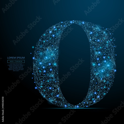Abstract image of the letter O of a starry sky or space, consisting of points, lines, and shapes in the form of planets, stars and the universe. Vector business