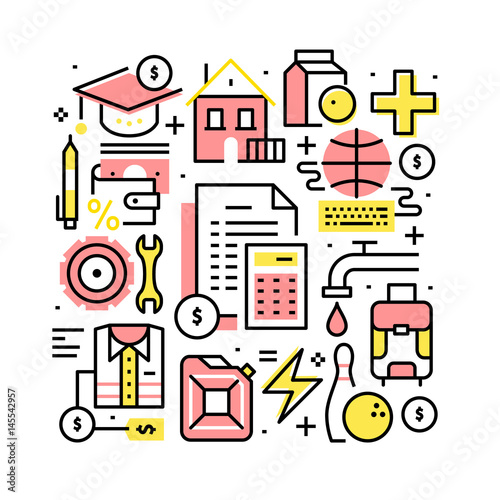 Collage with everyday and monthly expenses