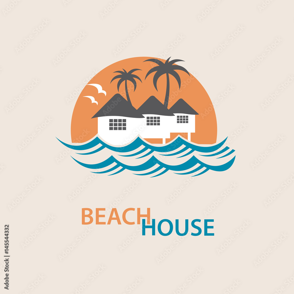seaside beach logo with houses and palms 