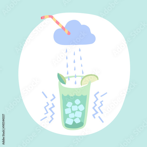 Glass of lemonade, cloud, rain of lemonade, drinking straw, mint leaf, ice cubes and slice lime. Colorful design elements for cafe or restaurant, menu, poster, and banner. Vector Illustration