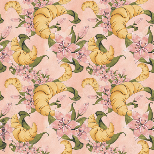 Croissant with Flowers Hand-Painted Illustration Seamless Pattern Background Texture Wallpaper Scrapbook