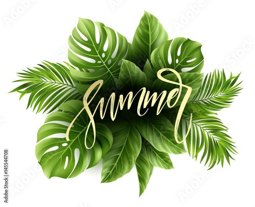 Summer poster with tropical palm leaf and handwriting lettering. Vector illustration