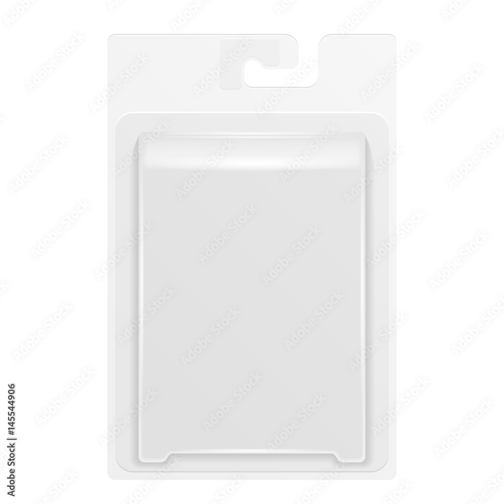 White Product Package Box Blister With Hang Slot. Illustration Isolated On White Background. Mock Up Template Ready For Your Design. Product Packing Vector EPS10 - obrazy, fototapety, plakaty 