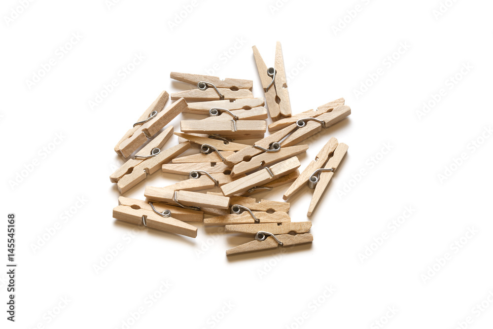 Wooden clothespins isolated on white background