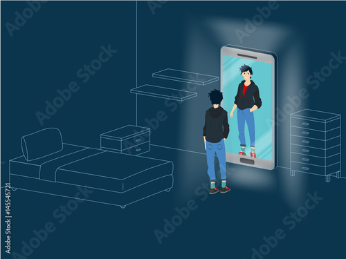 Young boy is reflected in the mirror smart phone alone in his room - Vector conceptual illustration  about social addiction for teenagers