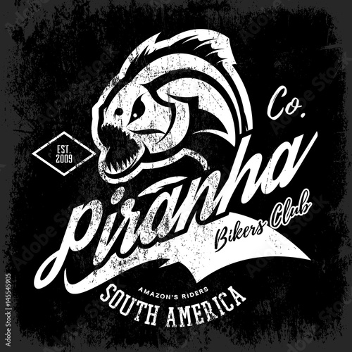 Vintage American furious piranha bikers club tee print vector design isolated on black background. 
Street wear t-shirt emblem. Premium quality wild fearsome fish superior logo concept illustration.