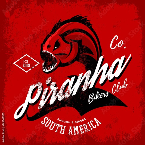 Vintage American furious piranha bikers club tee print vector design isolated on red background. 
Street wear t-shirt emblem. Premium quality wild fearsome fish superior logo concept illustration.