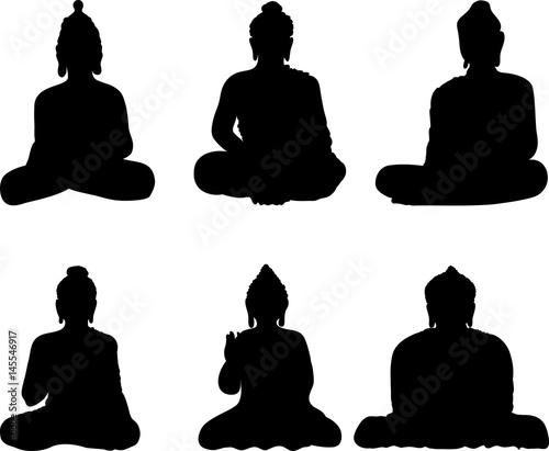 Set of a six black silhouttes of Buddha statue. Art vector illustration of Gautama. Buddhism Religion