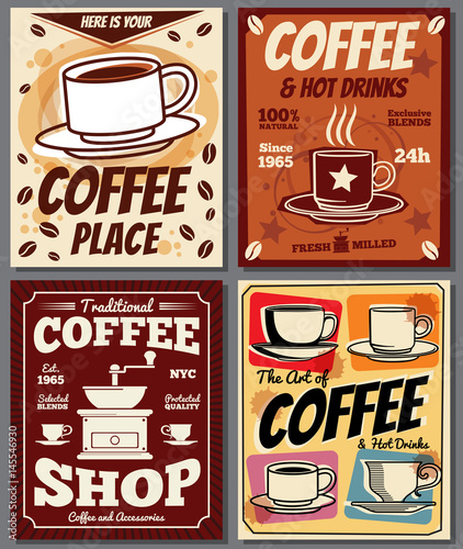 Cafe and restaurant retro posters vector templates with coffee stain