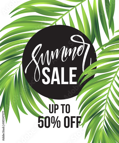 Sale banner, poster with palm leaves, jungle leaf and handwriting lettering. Floral tropical summer background. Vector illustration