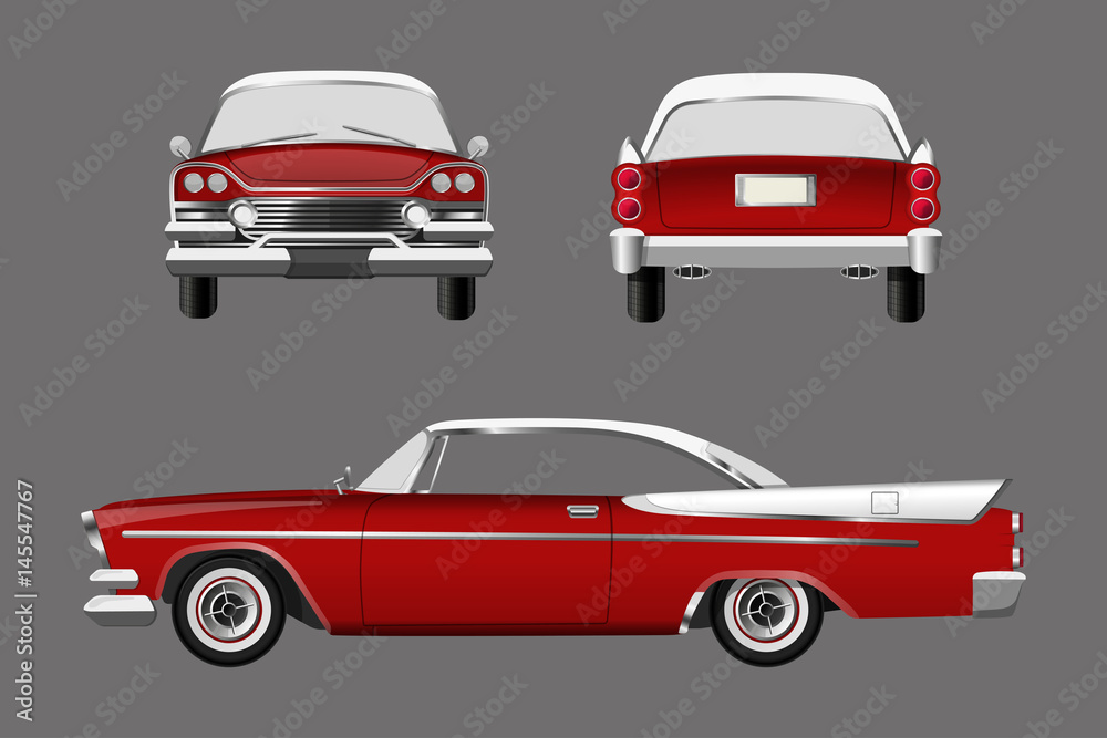 Naklejka premium Red retro car on gray background. Vintage cabriolet in a realistic style. Front, side and back view. 
