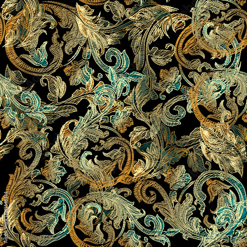 Damask floral seamless pattern.Flourish modern vector black background wallpaper illustration with vintage antique gold 3d flowers, swirl curl lines, leaves and Baroque ornaments. Elegant texture.