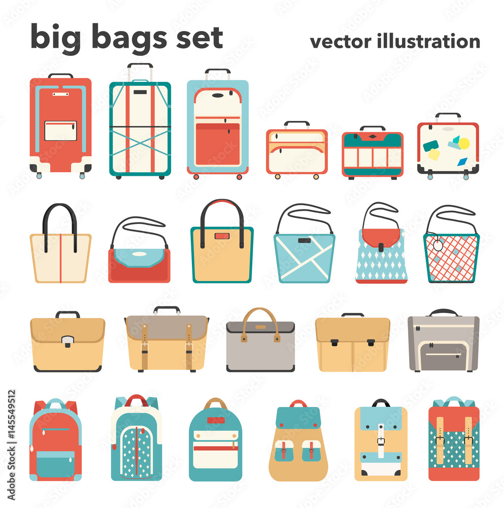 Vector illustration big set of bags. Luggage, women's bags, briefcases and backpacks in flat design style Vector illustration big set of bags. Luggage, women's bags, briefcases and backpacks in flat design style