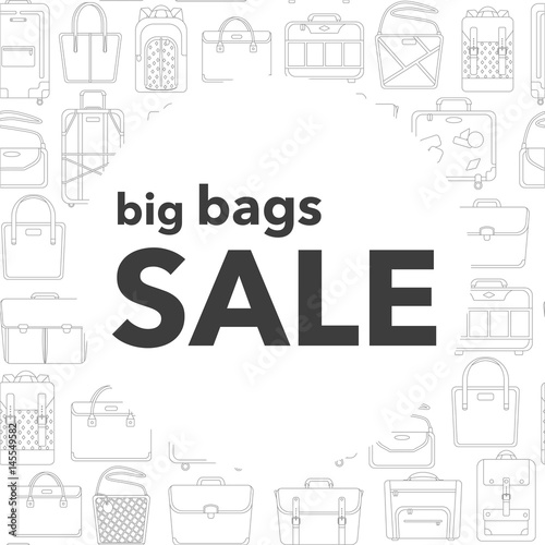 Vector illustration seamless background pattern big set of bags. Luggage, women's bags, briefcases and backpacks icon Sale vector