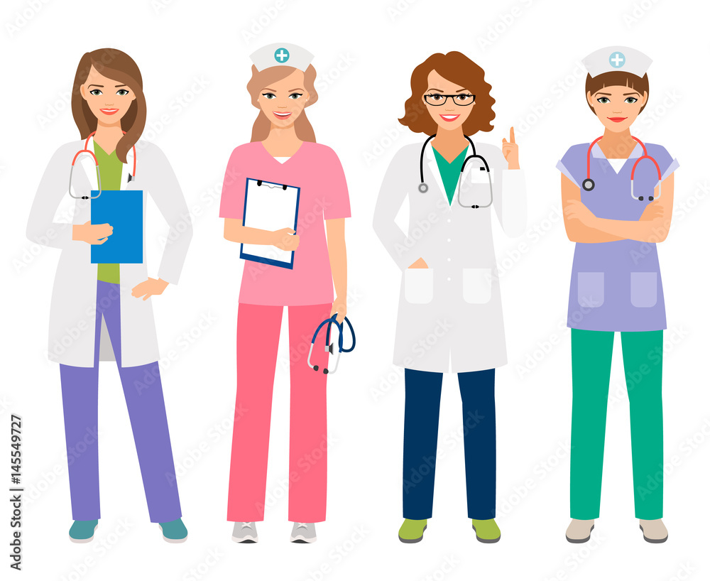 Young female doctor and nurse characters