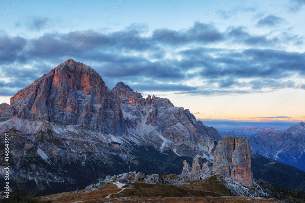 Mountain Cinque Torri (The Five Pillars) on sunset, Dolomites, Italy