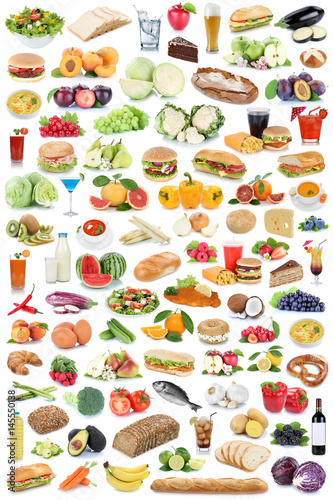 Sammlung Collage Essen und trinken gesunde Ernährung Obst Gemüse Früchte Lebensmittel Freisteller