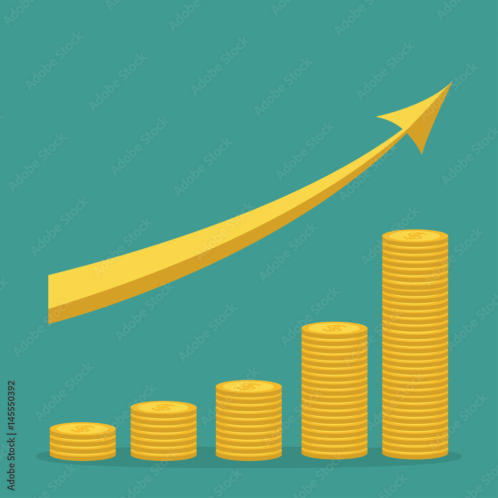 Gold coin stacks icon in shape of diagram. Golden up arrow. Dollar sign  symbol. Cash money. Going up graph. Income and profits. Growing business  concept. Green background. Isolated. Flat design. Stock Vector |