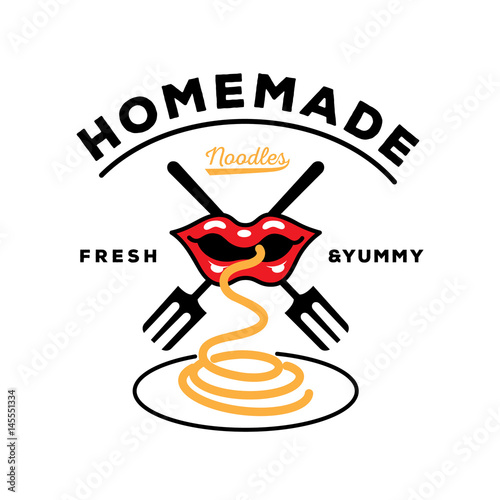 homemade noodle logo with mouth eat noodle with fork and dish