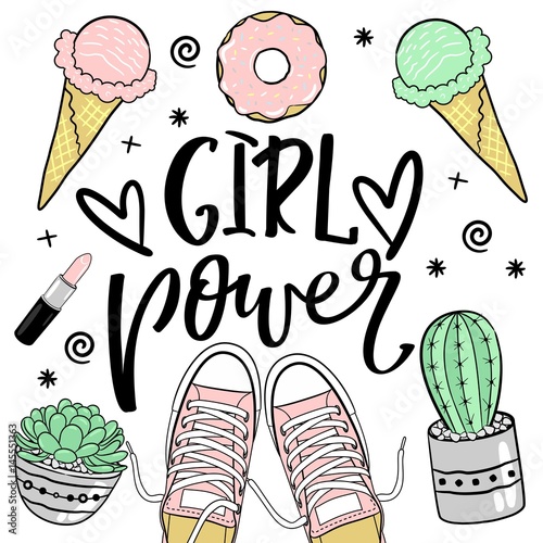 Fashion Patches Set.Girl Power.Modern Pop Art Stickers. Vector Illustration.