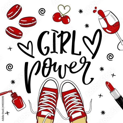 Fashion Patches Set.Girl Power.Modern Pop Art Stickers. Vector Illustration.