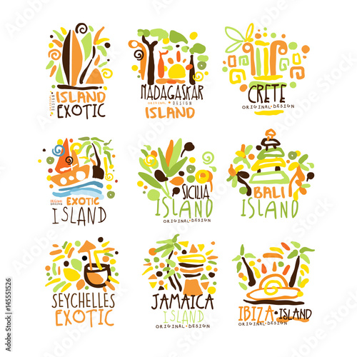 Madagascar, Crete, Bali, Seychelles, Ibiza, Jamaica resort set for label design. Summer beach tourism and rest vector Illustrations