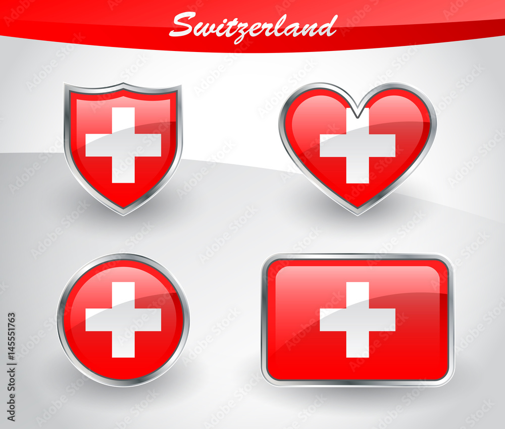 Fototapeta premium Glossy Switzerland flag icon set with shield, heart, circle, rectangle