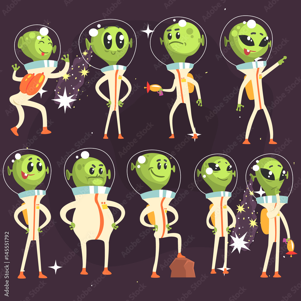 Cute Aliens In Space Suits, Spaceship Crew Of Little Green Men Funny Cartoon  Characters In White Outfit Stock Vector | Adobe Stock