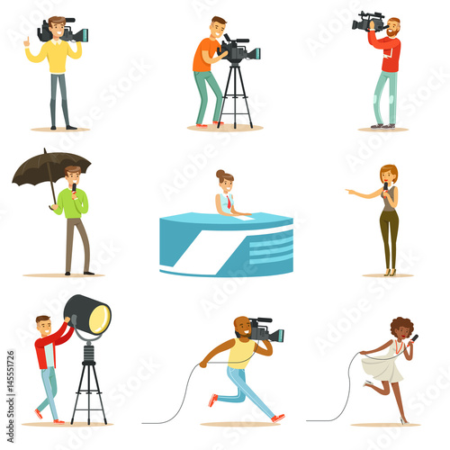 News Program Crew Of Professional Cameramen And Journalists Creating TV Broadcast Of Live Television Set Of Cartoon Characters