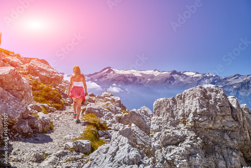 Women Travel nature in the mountains,Woman watching the dolomiti mountains