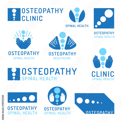 Set of logos of the osteopathy, alternative medicine, chiropractic. Vector icons in flat style isolated on white background.