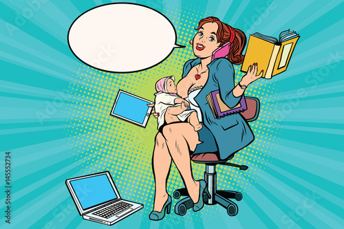 Modern beautiful woman breastfeeding a baby at work