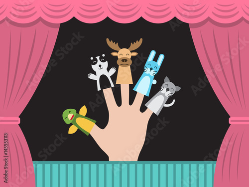 Puppet theater for finger toys animals. Doll is wearing on the fingers of the human hand and all is depicted on the background of a theatre stage curtain